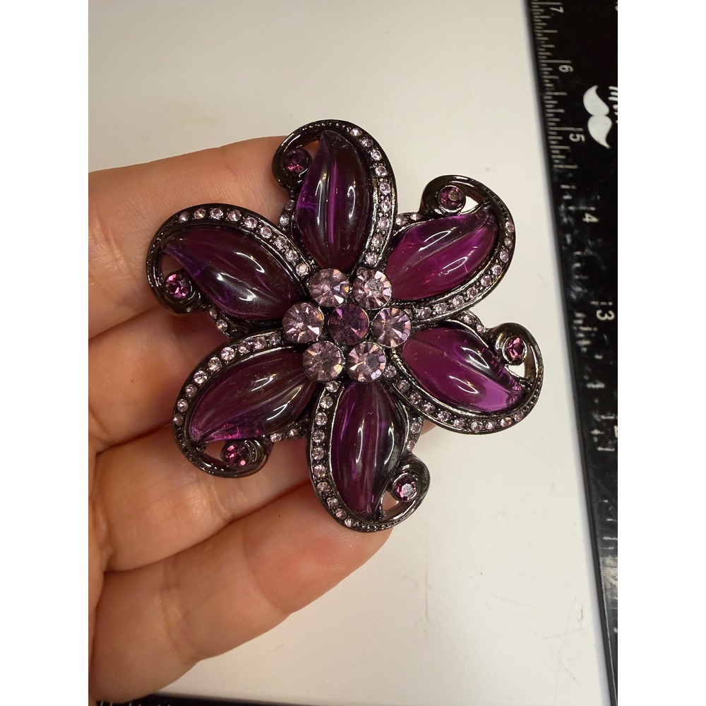Purple Flower Brooch Gunmetal Tone Amethyst Rhinestone Floral Pin 2.25"